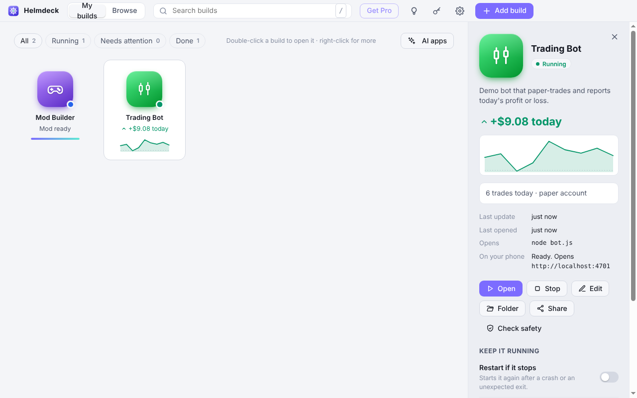 Helmdeck showing a trading bot running with live profit for today and a chart